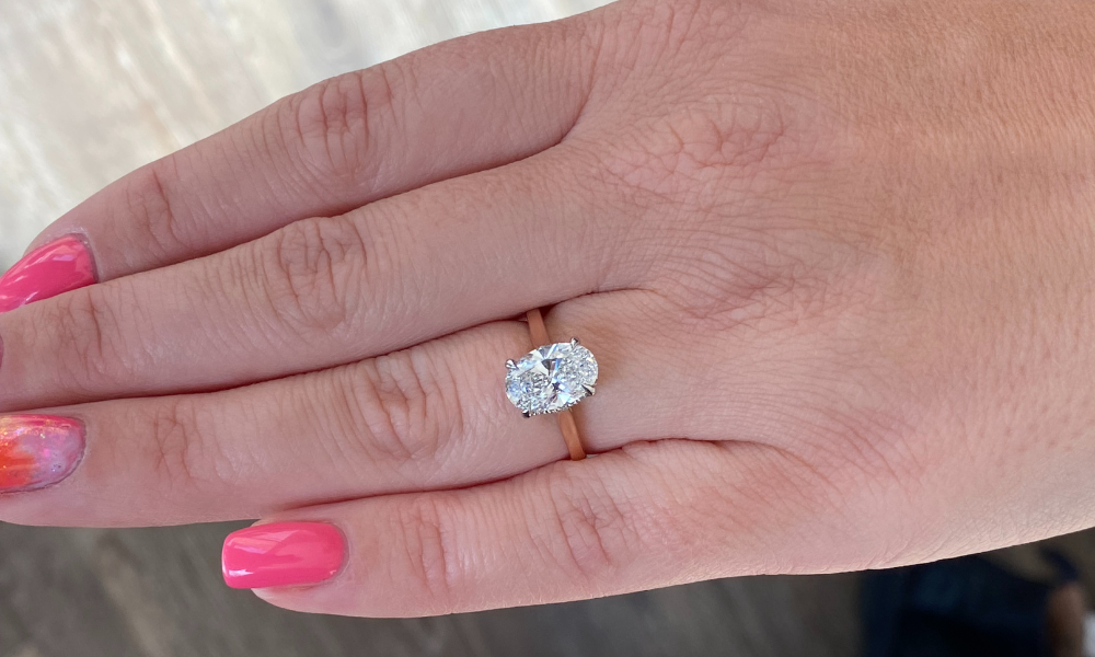 Bespoke hand made oval 2ct diamond engagement ring UK. N J Geddes