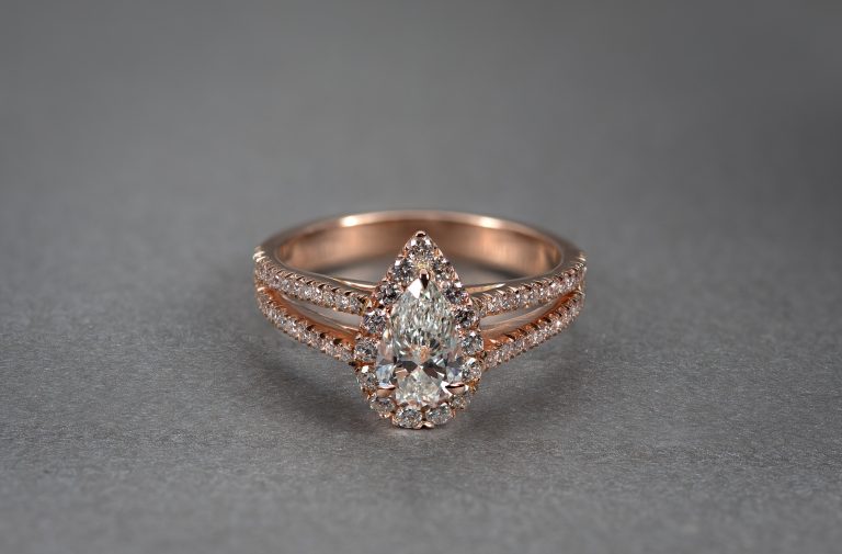 Exceptional 1.2ct pear shape engagement ring in rose gold. Hand made in England. N J Geddes